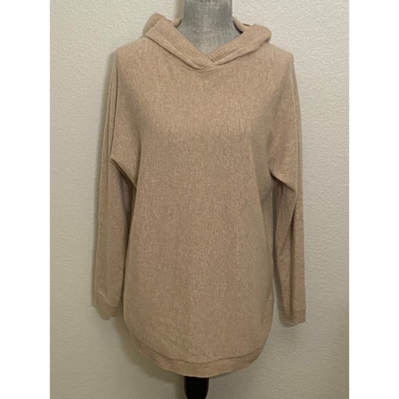 Max Studio women Beige hissed 100% 2-Ply cashmere Hooded V neck sweater size M - Picture 2 of 12